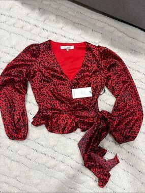 Lily White Red Leopard Wrap Top with Ruffle Tie